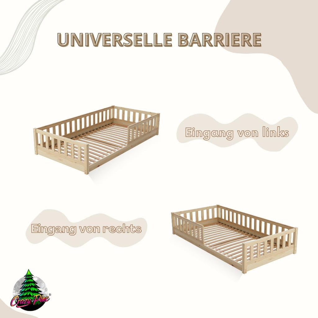 Kinderbett mit Schublade 80x160cm – Massives Montessori Bodenbett aus Holz mit Rausfallschutz – Sicheres Kleinkindbett – Skandinavisches Design Leichte Montage - Crazy Basic