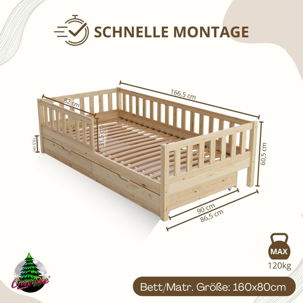 Kinderbett mit Schublade 80x160cm – Massives Montessori Bodenbett aus Holz mit Rausfallschutz – Sicheres Kleinkindbett – Skandinavisches Design Leichte Montage - Crazy Basic