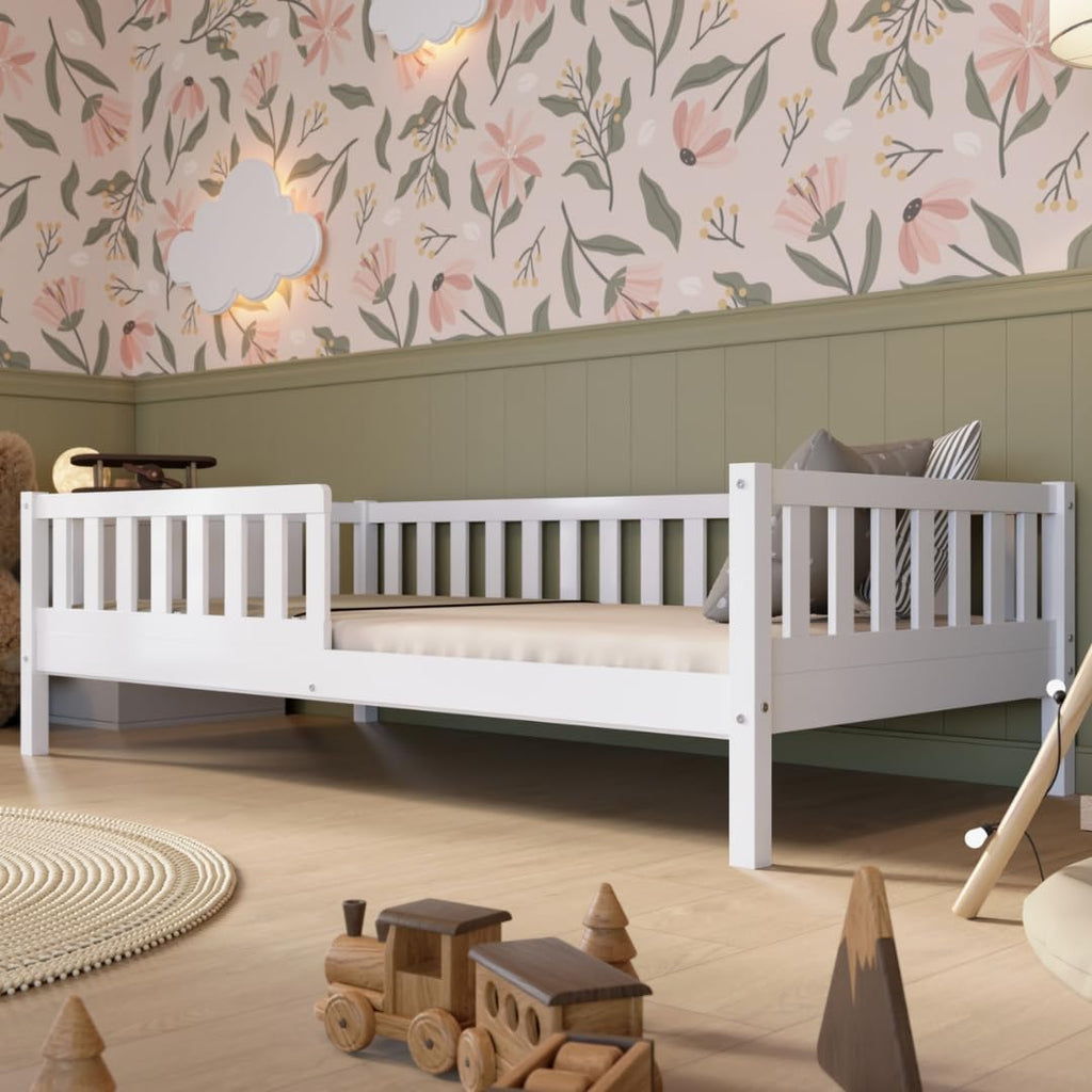 Kinderbett mit Schublade 80x160cm – Massives Montessori Bodenbett aus Holz mit Rausfallschutz – Sicheres Kleinkindbett – Skandinavisches Design Leichte Montage - Crazy Basic