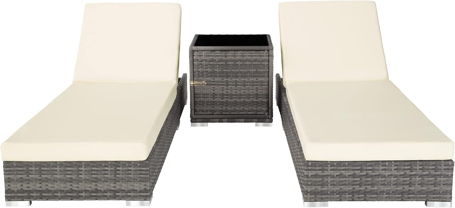 tectake® 2er Garten Lounge Sonnenliegen Set mit Tisch, Aluminium Gartenliege, Gartenlounge Outdoor, Relaxliege inkl. 2 Bezugsets und Schutzhülle, Outdoor Poly Rattan Gartenmöbel Set, 2er Set - grau
