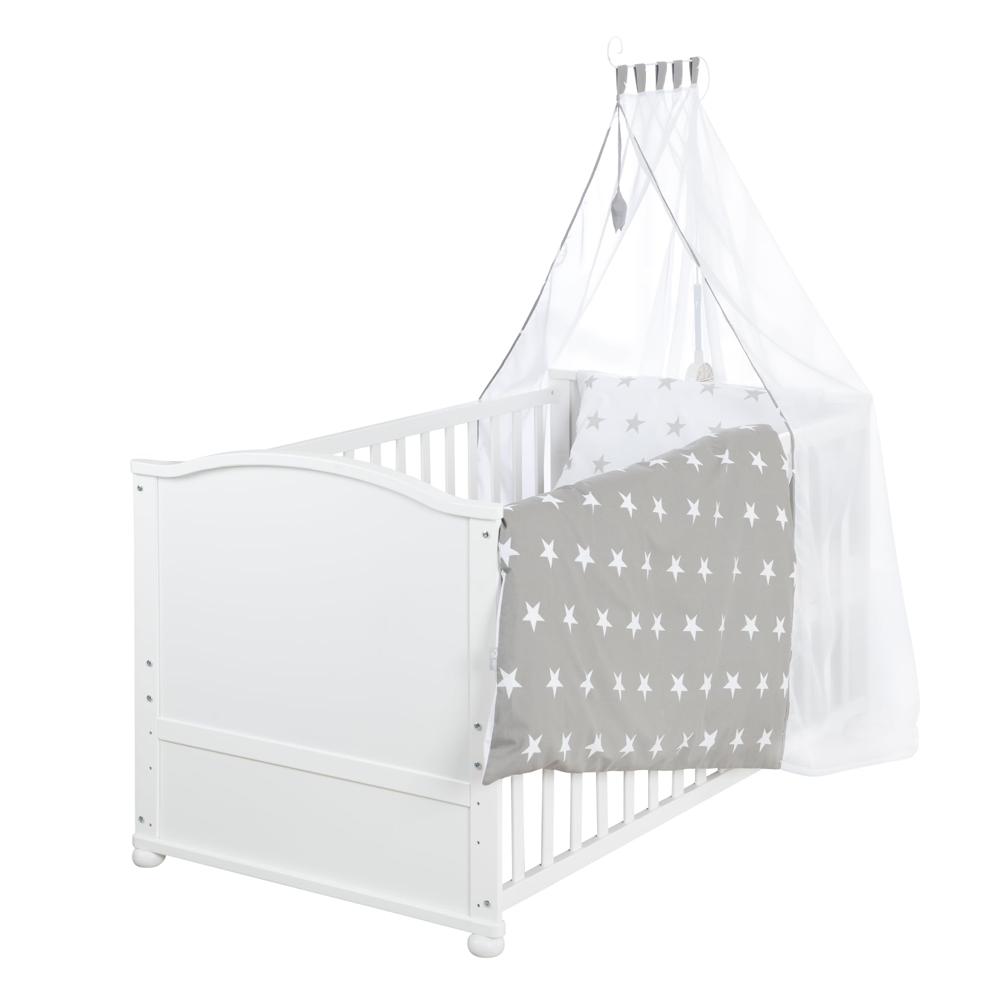 roba Babybett Set Adam & Eule - 70 x 140 cm - Mitwachsendes Kinderbett mit Bettwäsche, Himmel, Matratze - Höhenverstellbar - zu Juniorbett umbaubar - Holz weiß