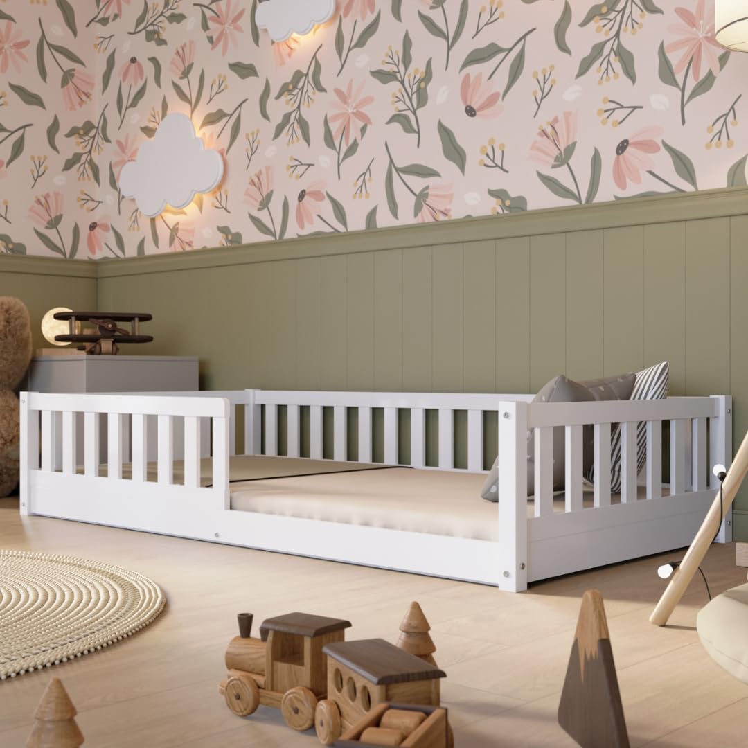 Kinderbett mit Schublade 80x160cm – Massives Montessori Bodenbett aus Holz mit Rausfallschutz – Sicheres Kleinkindbett – Skandinavisches Design Leichte Montage - Crazy Basic
