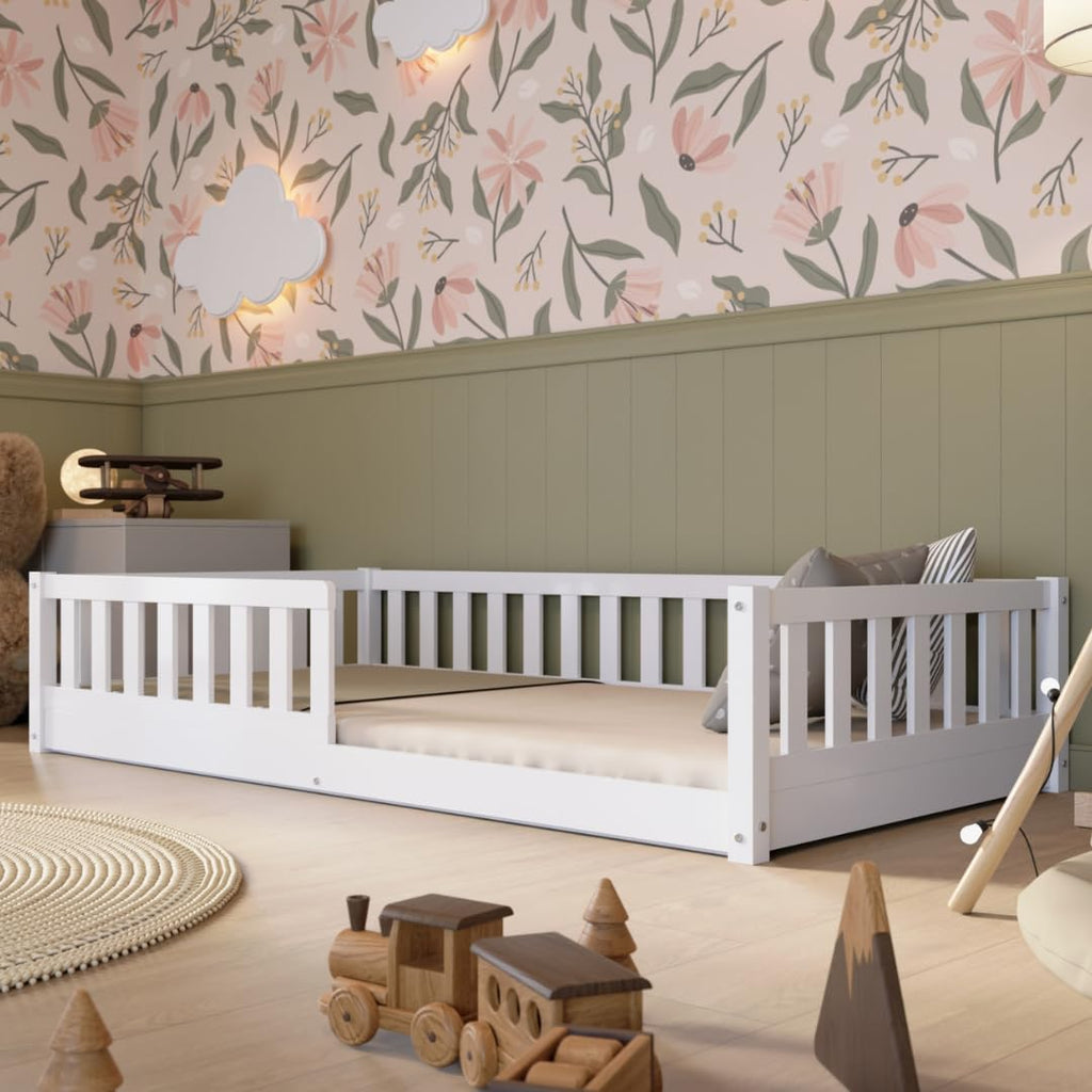 Kinderbett mit Schublade 80x160cm – Massives Montessori Bodenbett aus Holz mit Rausfallschutz – Sicheres Kleinkindbett – Skandinavisches Design Leichte Montage - Crazy Basic