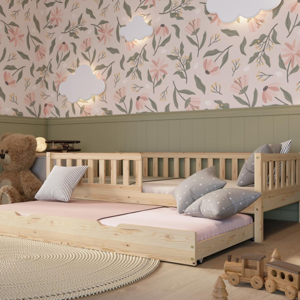 Kinderbett mit Schublade 80x160cm – Massives Montessori Bodenbett aus Holz mit Rausfallschutz – Sicheres Kleinkindbett – Skandinavisches Design Leichte Montage - Crazy Basic