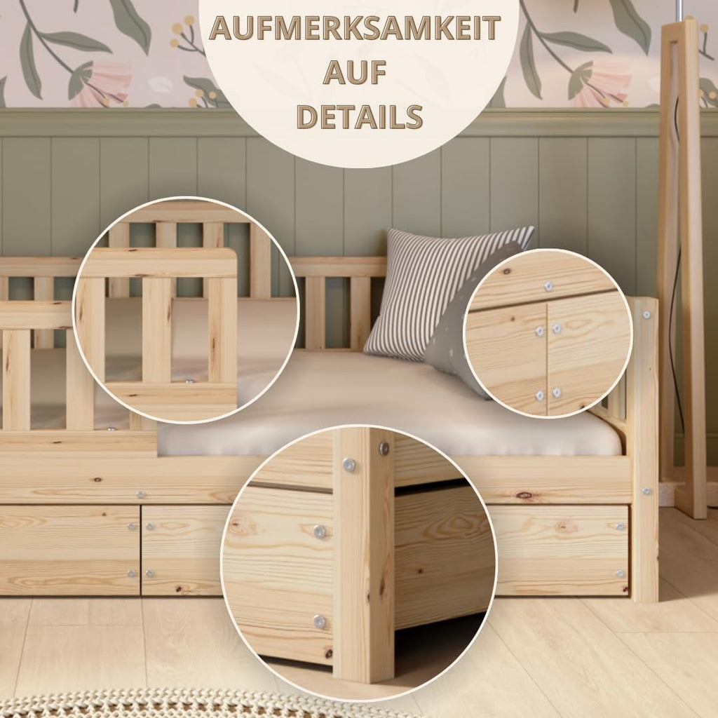 Kinderbett mit Schublade 80x160cm – Massives Montessori Bodenbett aus Holz mit Rausfallschutz – Sicheres Kleinkindbett – Skandinavisches Design Leichte Montage - Crazy Basic