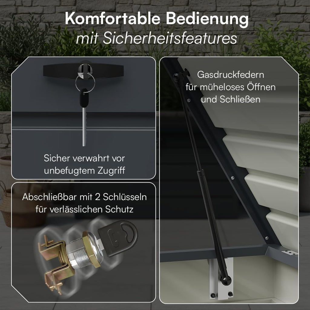 STEELSØN Dorado Gartenbox aus verzinktem Metall 350 Liter – Outdoor Box wasserdicht Anthrazit – Auflagenbox abschließbar mit klappbarem Deckel – Aufbewahrungsbox Garten/Balkon/Terrasse 120x62x63 cm