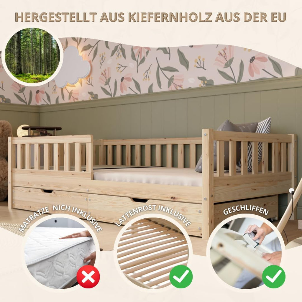 Kinderbett mit Schublade 80x160cm – Massives Montessori Bodenbett aus Holz mit Rausfallschutz – Sicheres Kleinkindbett – Skandinavisches Design Leichte Montage - Crazy Basic