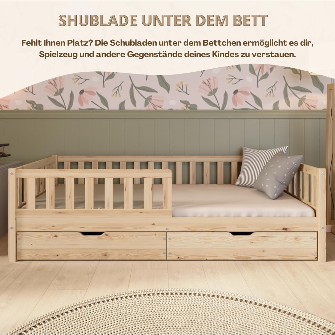 Kinderbett mit Schublade 80x160cm – Massives Montessori Bodenbett aus Holz mit Rausfallschutz – Sicheres Kleinkindbett – Skandinavisches Design Leichte Montage - Crazy Basic