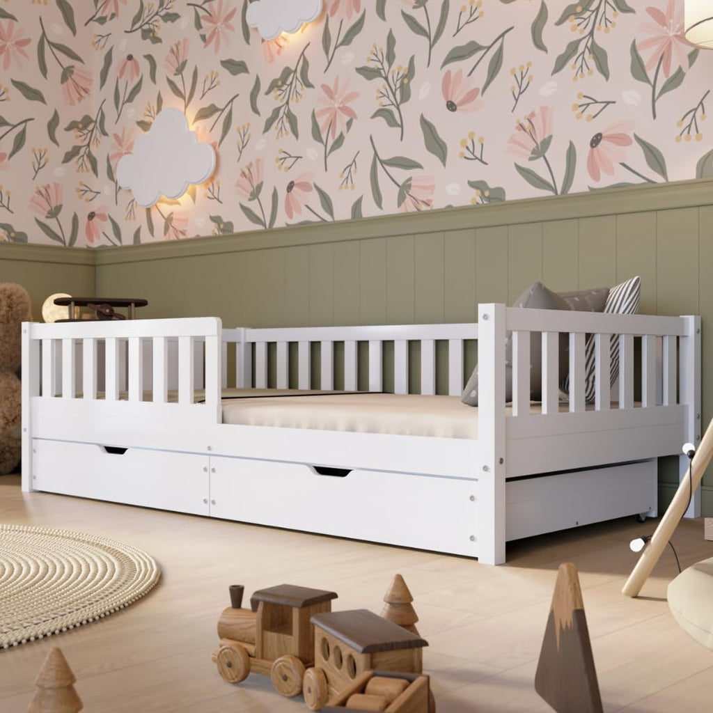 Kinderbett mit Schublade 80x160cm – Massives Montessori Bodenbett aus Holz mit Rausfallschutz – Sicheres Kleinkindbett – Skandinavisches Design Leichte Montage - Crazy Basic