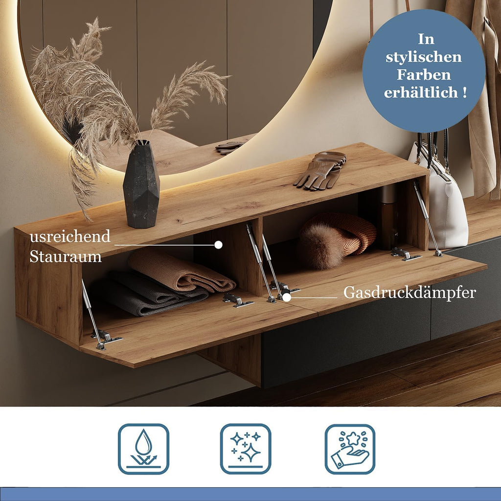 Planetmöbel Flur Möbel Garderobe Hängeschrank 2X 140 cm Gold Eiche - Anthrazit, Kompaktgarderobe mit Klappe als Stauraum, Wandgarderobe hängend oder stehend, 37,8T x 140B x 32,5H cm