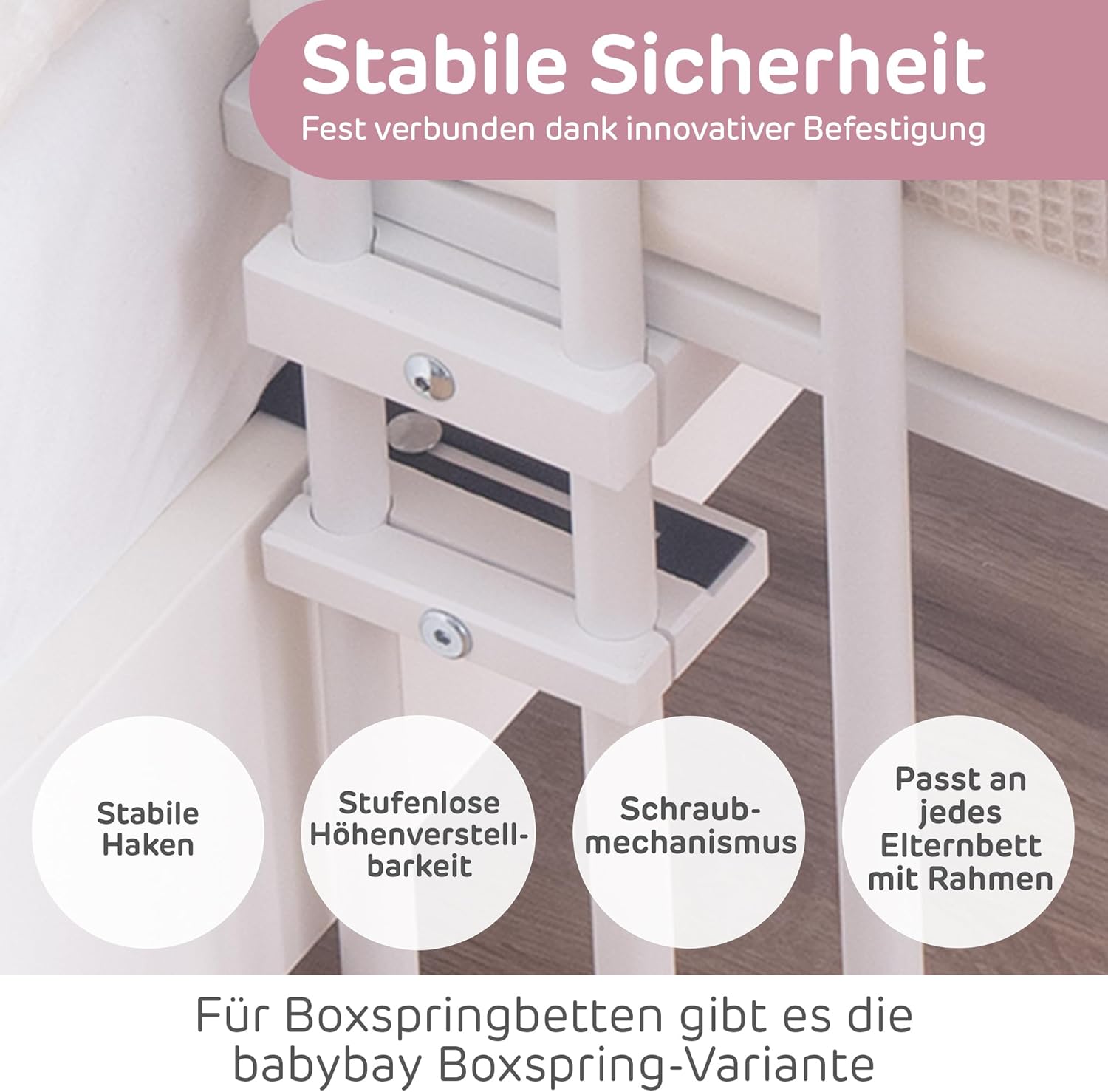 babybay Original Beistellbett aus massivem Buchenholz / kompakt & verwandelbar / Kinderbett Höhe stufenlos verstellbar & umweltfreundlich / mitwachsendes Babybett (weiß lackiert) / inkl. Matratze