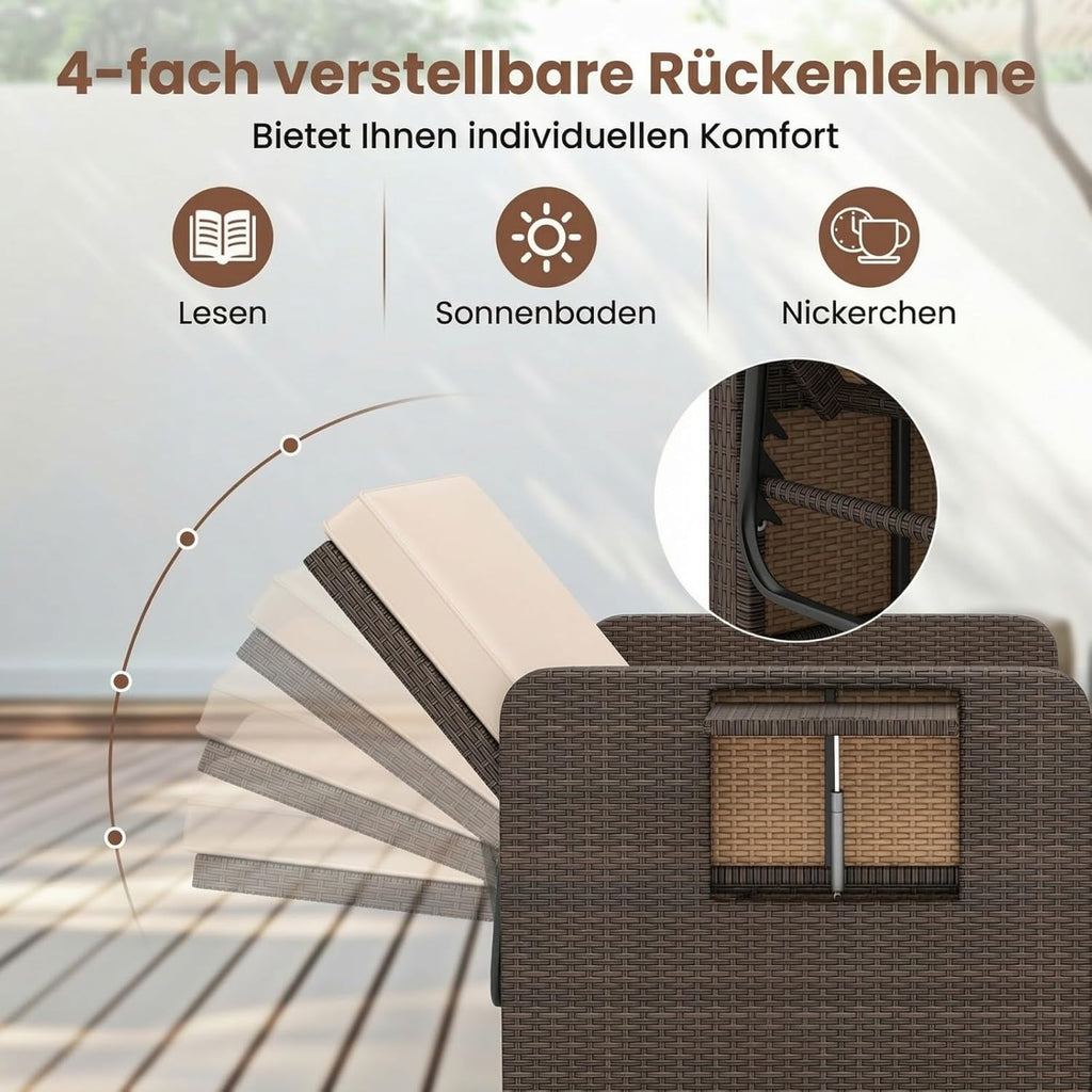 GIANTEX Lounge Möbel Outdoor, Rattan Gartenlounge Set mit Hocker, Gartensofa mit Liegefunktion, Balkon Lounge Set, Doppelliege Outdoor Sofa, Balkonmöbel Sonneninsel Loungebett mit stauraum | Drei in einem Design