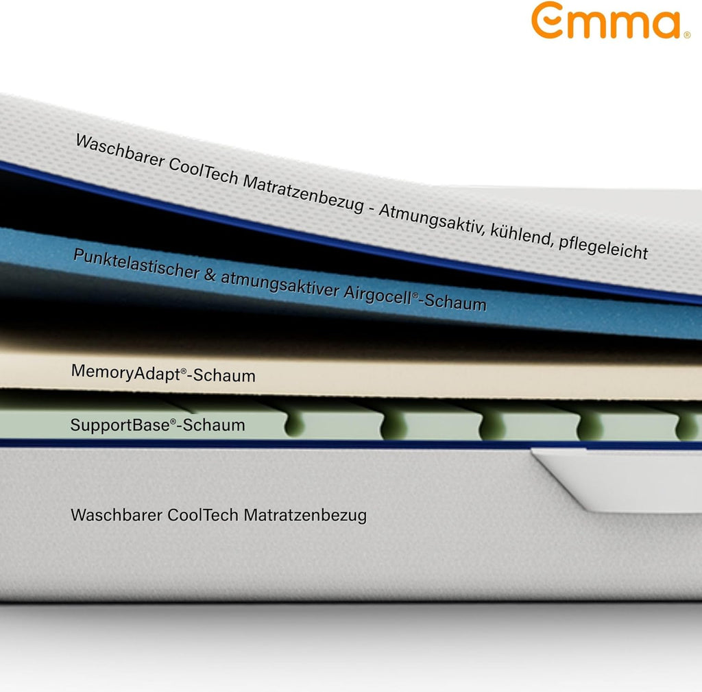 Emma One+ Matratze 140x200 H2 Mittelfest – Kühlende & atmungsaktive 3-Zonen-Schaummatratze – Ergonomisch, Klimaregulierend & Waschbarer Bezug – Für alle Schlafpositionen geeignet