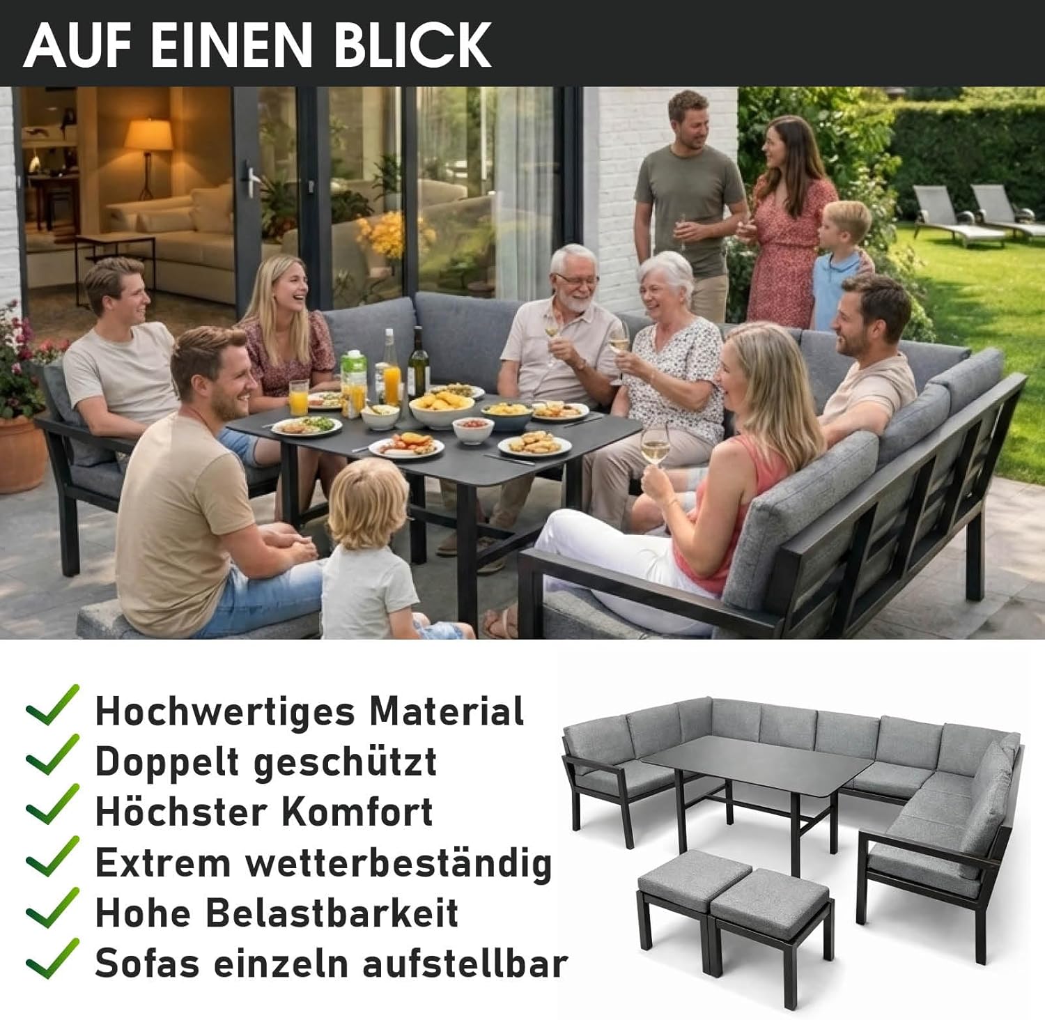 BRAST Loungemöbel Garten Set Madrid | bis zu 11 Personen | 296x170x70cm | wetterfest wasserabweisend | stabiles Stahlgestell | Outdoor Sofa Dining Lounge Gartenmöbel Sitzgruppe Essgruppe