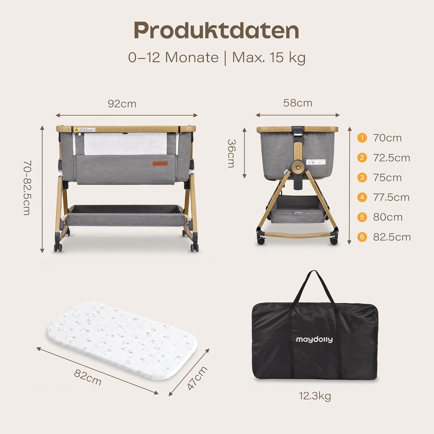 Maydolly 3-in-1 Baby Beistellbett – Vielseitiges Beistellbett, Reisebett & Stubenwagen inklusive Matratze & Moskitonetz – Höhenverstellbar mit Rollen, klappbar und mit Tragetasche – Grau