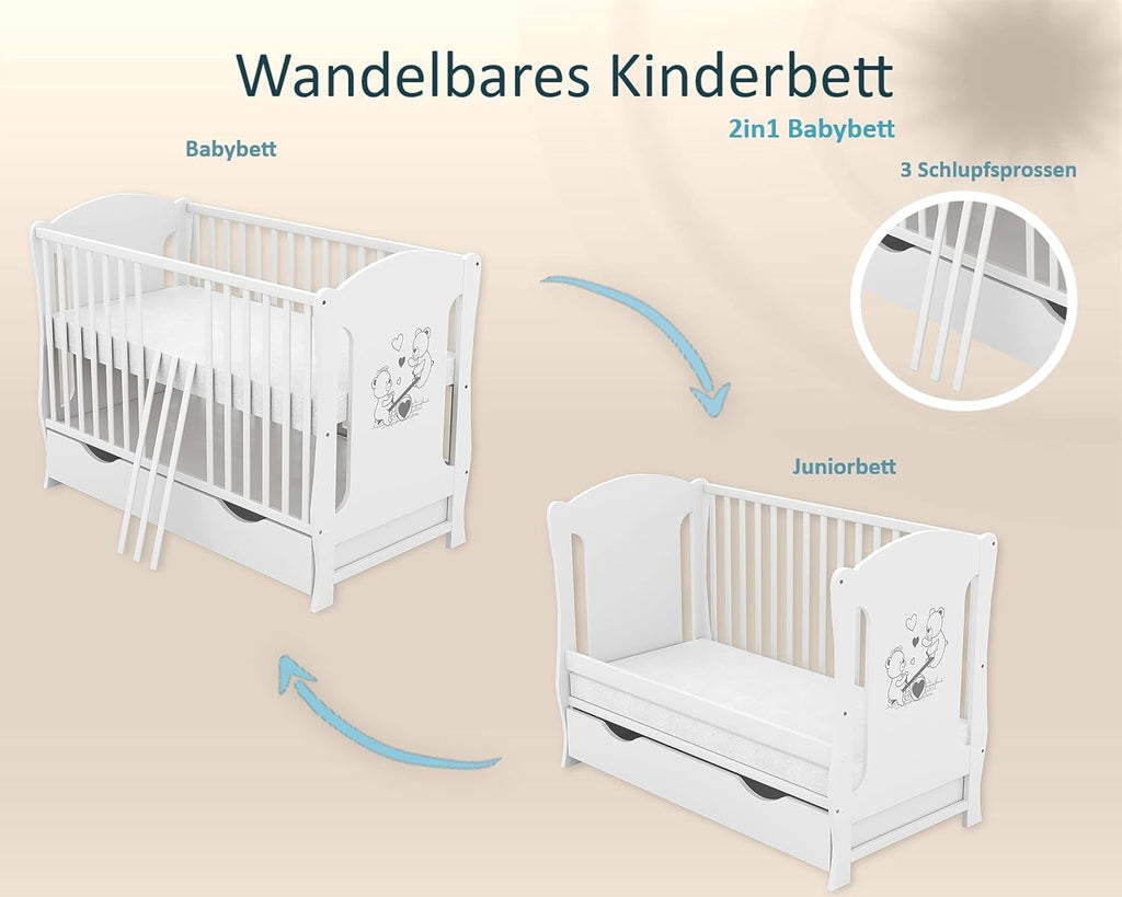Babybett 60x120 weiß Kinderbett umbaubar zum Juniorbett Schublade Matratze Teddy Wippe Motiv
