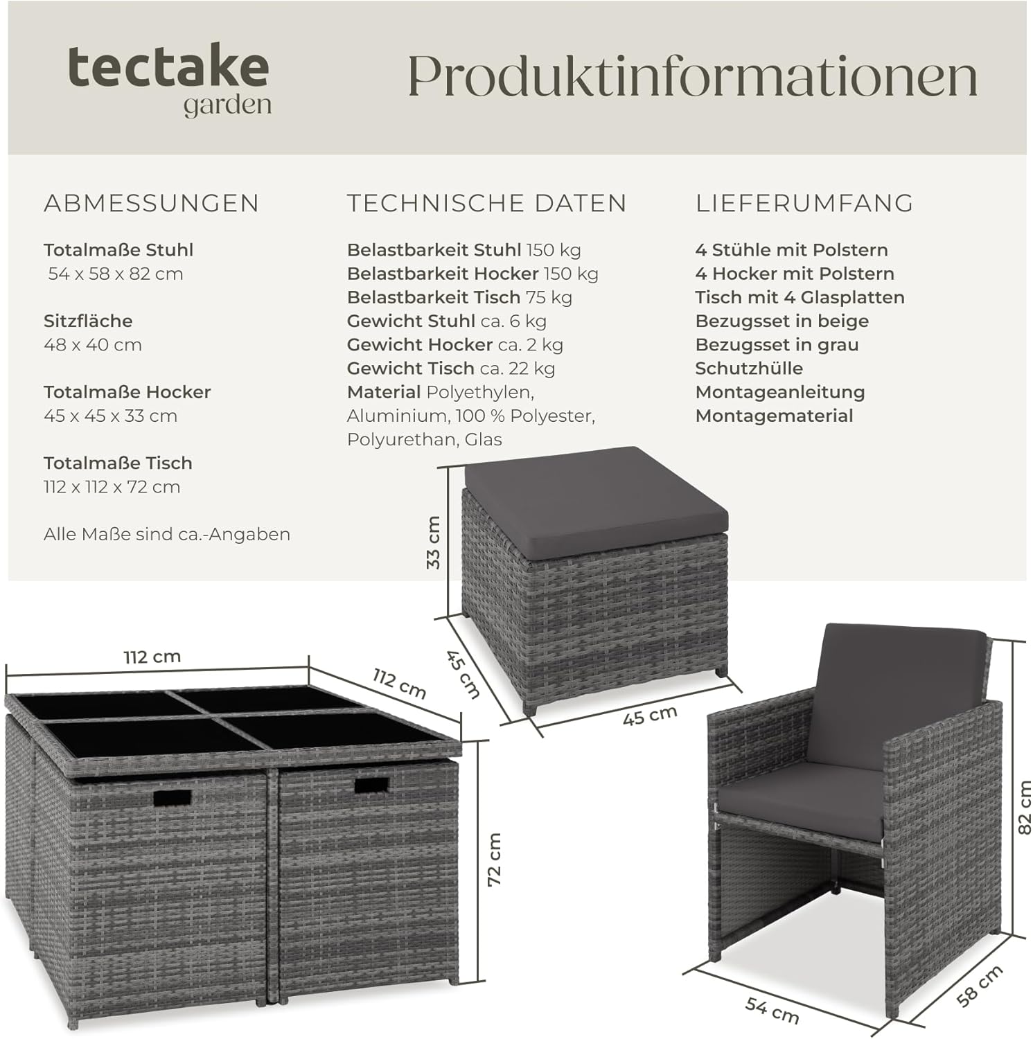 tectake® Rattan Lounge Möbel Set mit Aluminium Gestell, 4 Stühle, 4 Hocker, Tisch, platzsparende Aufbewahrung, Outdoor Rattan Gartenmöbel für Garten Terrasse, mit Abdeckung und 2 Bezugssets - grau