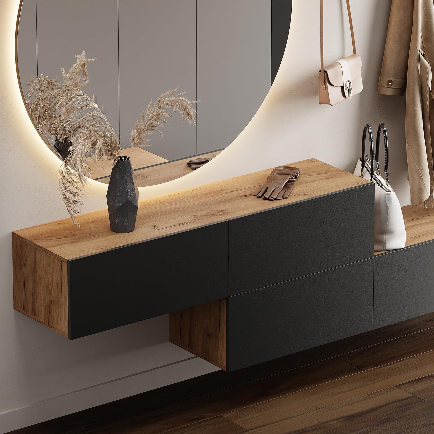 Planetmöbel Flur Möbel Garderobe Hängeschrank 2X 140 cm Gold Eiche - Anthrazit, Kompaktgarderobe mit Klappe als Stauraum, Wandgarderobe hängend oder stehend, 37,8T x 140B x 32,5H cm