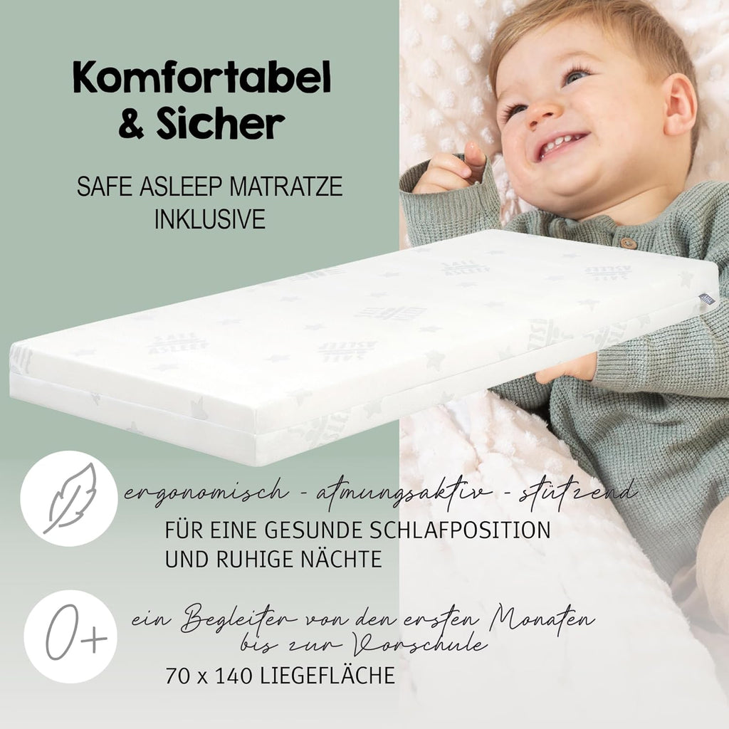 roba Babybett Set Adam & Eule - 70 x 140 cm - Mitwachsendes Kinderbett mit Bettwäsche, Himmel, Matratze - Höhenverstellbar - zu Juniorbett umbaubar - Holz weiß
