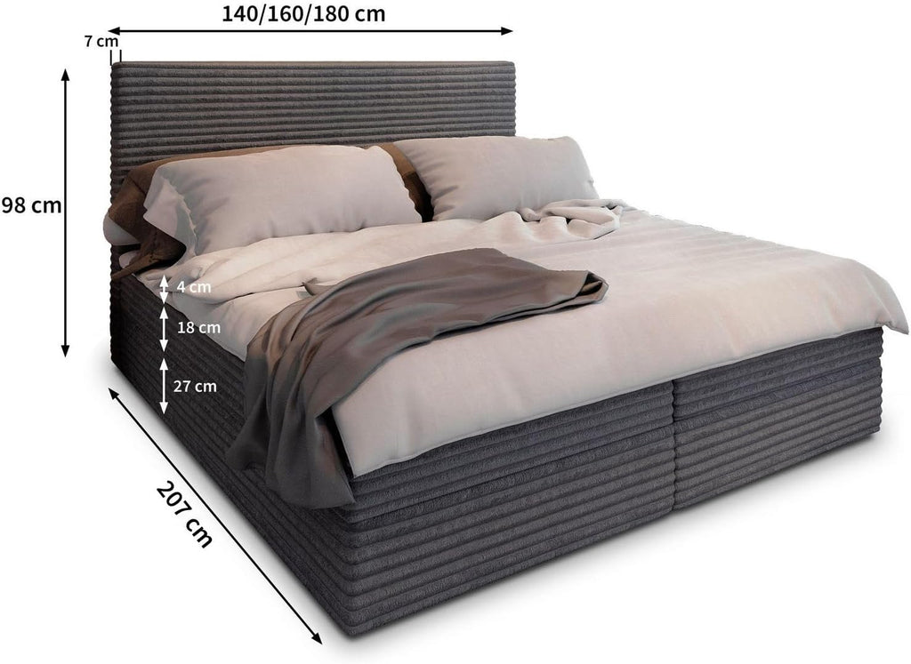 Masseno Boxspringbett PISA 160x200 cm Komplett-Set mit Matratze und Topper, Polsterbett mit Zwei Bettkästen -Creme, TILIA 03