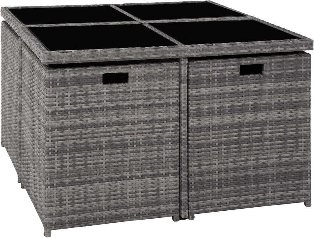 tectake® Rattan Lounge Möbel Set mit Aluminium Gestell, 4 Stühle, 4 Hocker, Tisch, platzsparende Aufbewahrung, Outdoor Rattan Gartenmöbel für Garten Terrasse, mit Abdeckung und 2 Bezugssets - grau