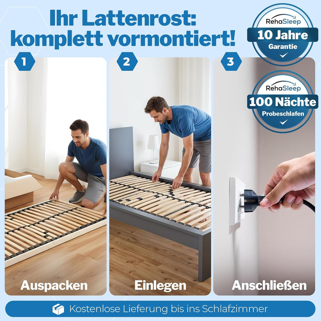 Lattenrost elektrisch verstellbar Komfort 100x200 – 28 Birkenholzleisten für erholsamen Schlaf – 100 Nächte Probeschlafen – Lattenrost elektrisch Made in Germany
