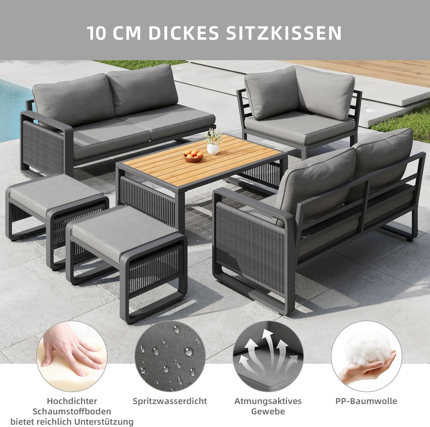 Merax Gartenmöbel Lounge Set 6-7 Personen, Gartensofa Eckgarnitur mit Liege, Handgewebtes Seil Outdoor Sofa, Wetterfestes Gartenmöbel Set für Terrasse, Balkon, Garten, Grau