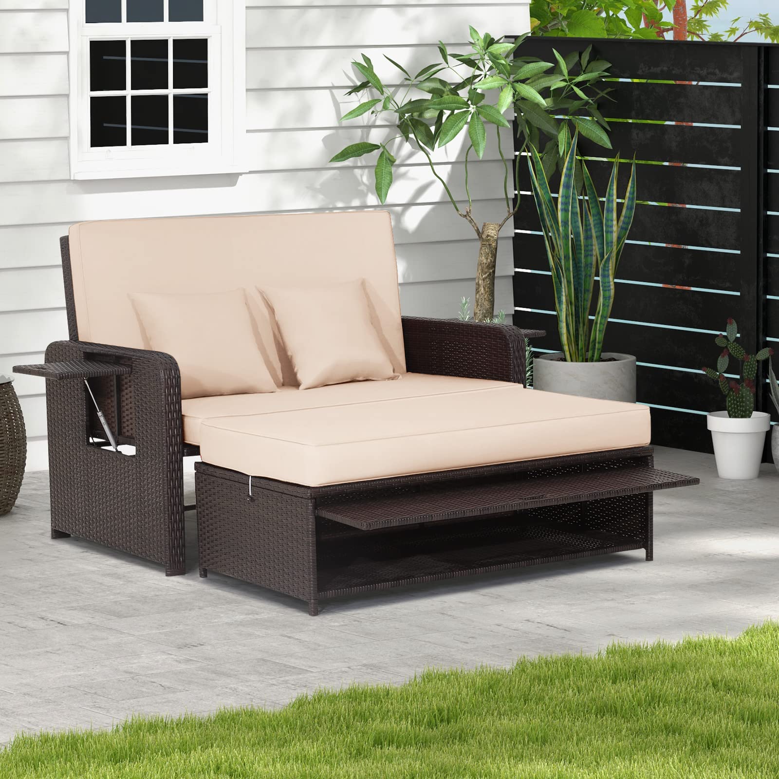 GIANTEX Lounge Möbel Outdoor, Rattan Gartenlounge Set mit Hocker, Gartensofa mit Liegefunktion, Balkon Lounge Set, Doppelliege Outdoor Sofa, Balkonmöbel Sonneninsel Loungebett mit stauraum | Drei in einem Design