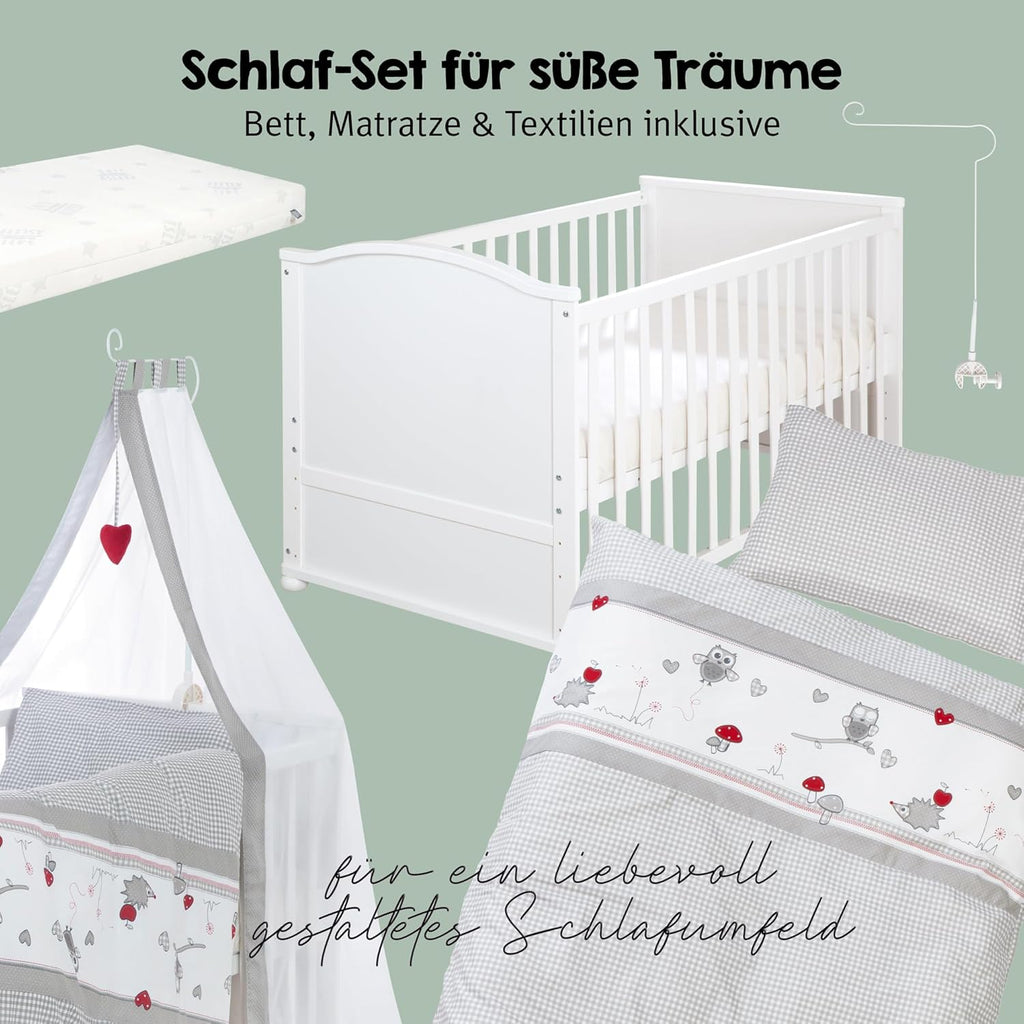 roba Babybett Set Adam & Eule - 70 x 140 cm - Mitwachsendes Kinderbett mit Bettwäsche, Himmel, Matratze - Höhenverstellbar - zu Juniorbett umbaubar - Holz weiß