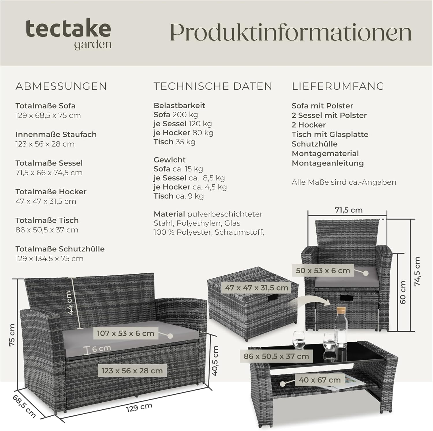 tectake Polyrattan Garten Sitzgruppe für 4 Personen mit Hocker, Rattan Gartenmöbel Set mit eingebauter Auflagenbox in der Sitzbank, Garten und Balkon Möbel - grau
