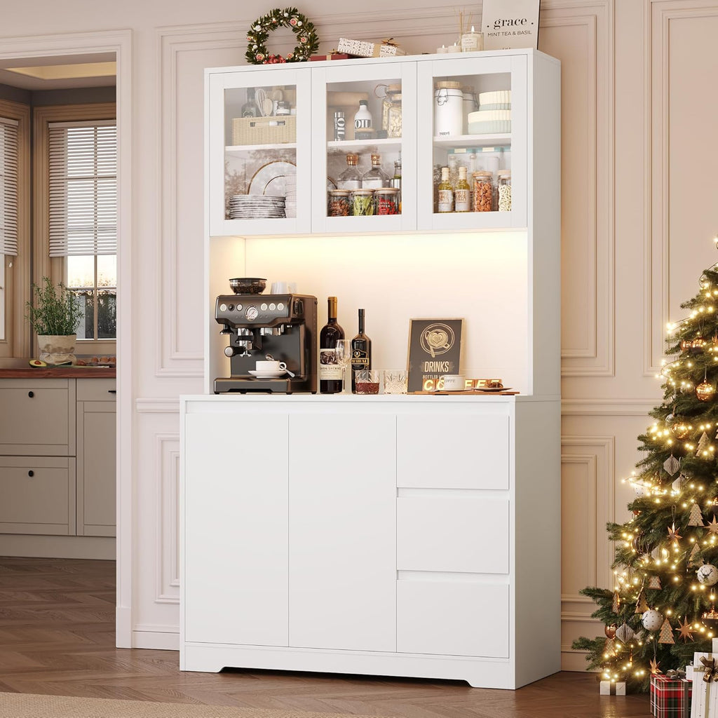 FirFurd Küchenschrank mit LED und Steckdosenleiste Buffetschrank Küchenschrank mit Arbeitsplatte und 3 Schubladen Küchenbuffet mit Verstellbares Regal Sideboard für Küche 180x100x38.5 cm weiß