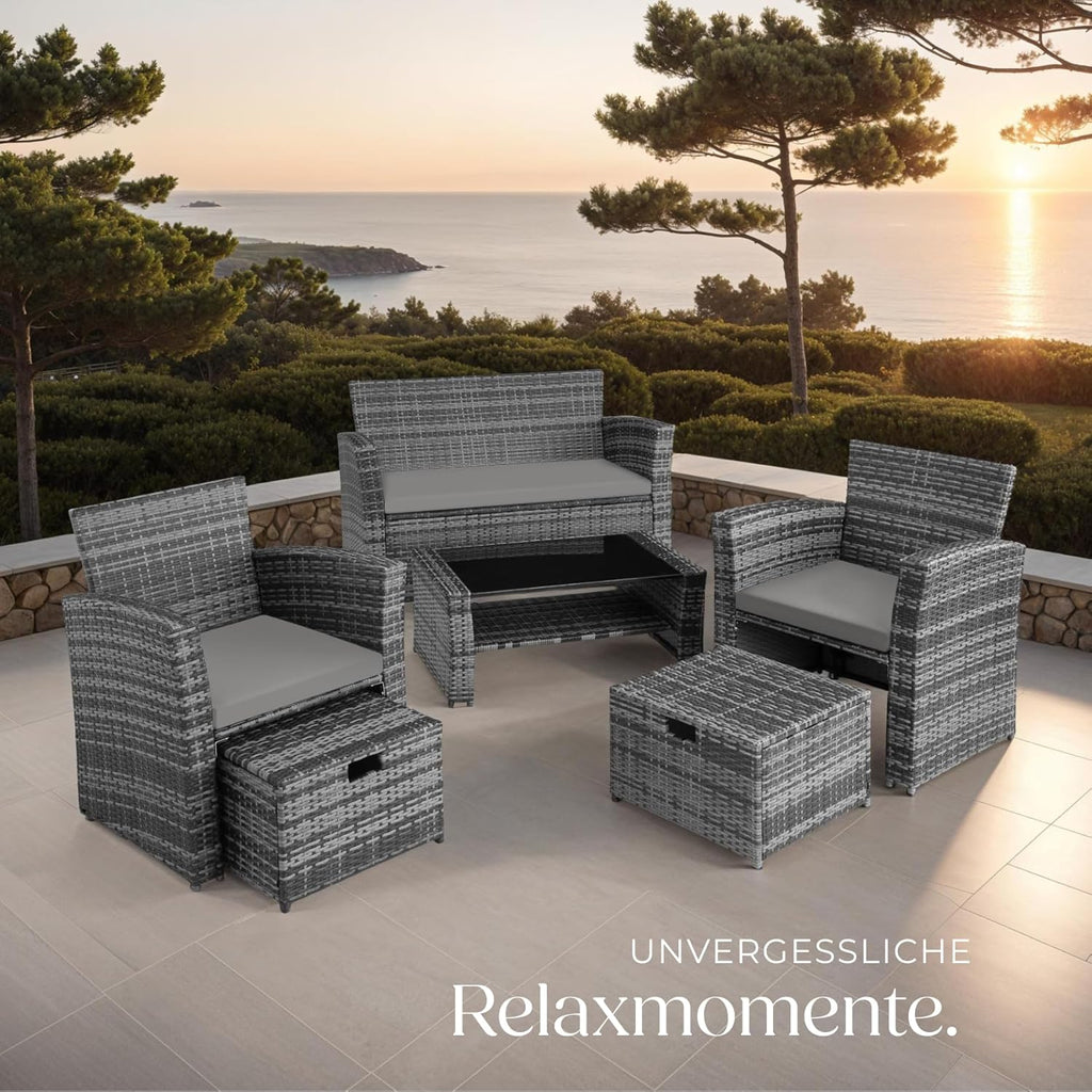 tectake Polyrattan Garten Sitzgruppe für 4 Personen mit Hocker, Rattan Gartenmöbel Set mit eingebauter Auflagenbox in der Sitzbank, Garten und Balkon Möbel - grau