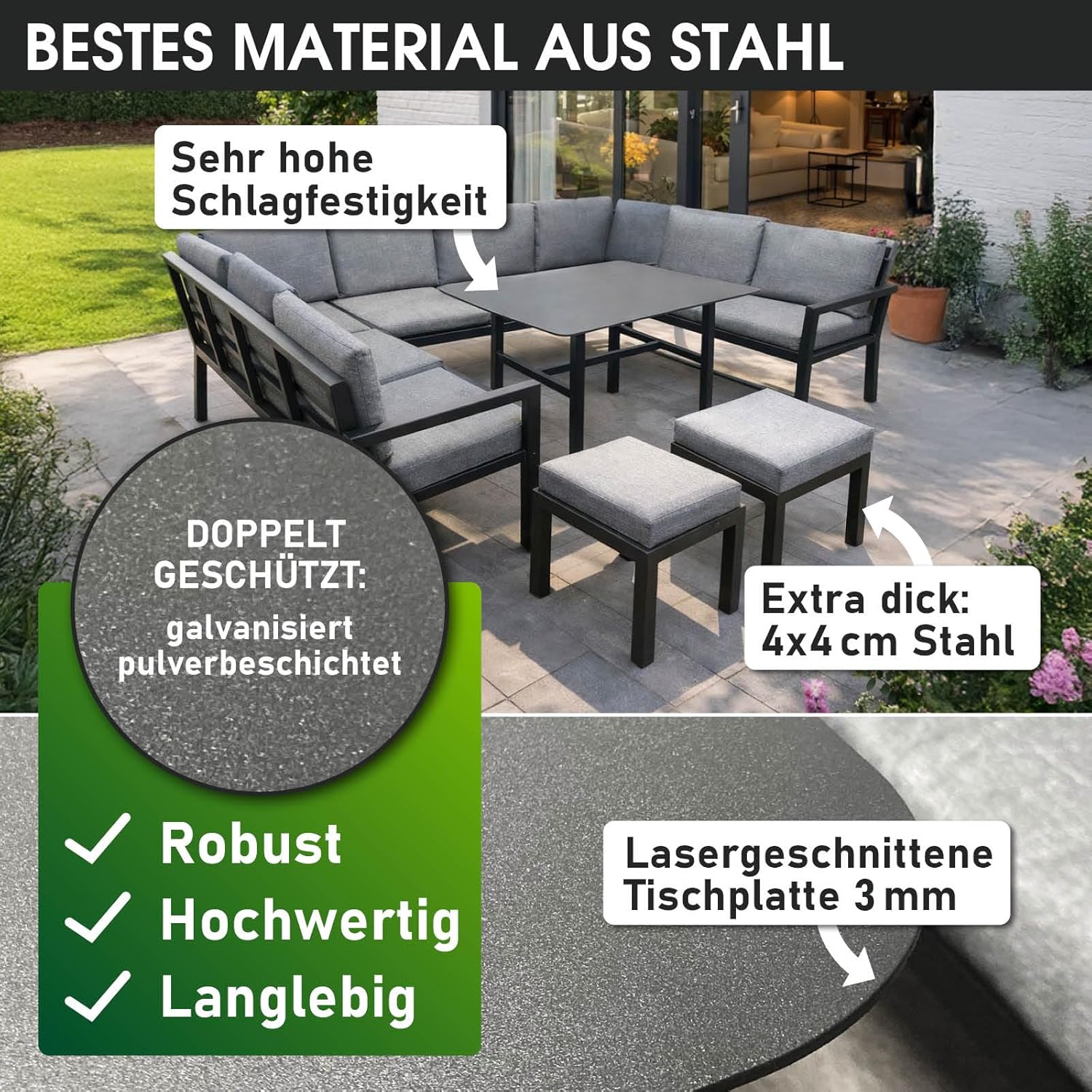 BRAST Loungemöbel Garten Set Madrid | bis zu 11 Personen | 296x170x70cm | wetterfest wasserabweisend | stabiles Stahlgestell | Outdoor Sofa Dining Lounge Gartenmöbel Sitzgruppe Essgruppe