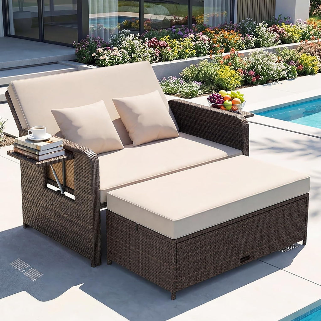 GIANTEX Lounge Möbel Outdoor, Rattan Gartenlounge Set mit Hocker, Gartensofa mit Liegefunktion, Balkon Lounge Set, Doppelliege Outdoor Sofa, Balkonmöbel Sonneninsel Loungebett mit stauraum | Drei in einem Design