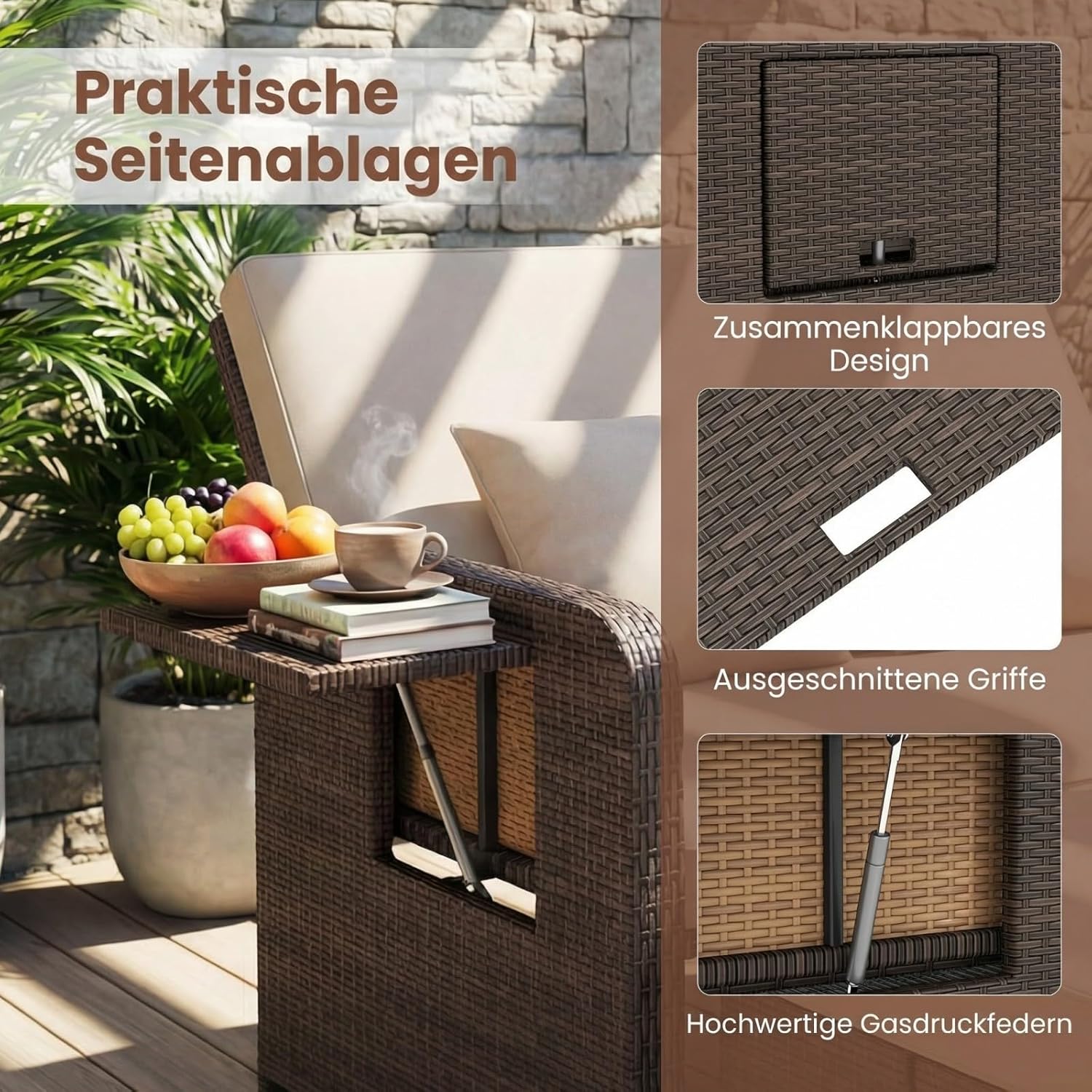 GIANTEX Lounge Möbel Outdoor, Rattan Gartenlounge Set mit Hocker, Gartensofa mit Liegefunktion, Balkon Lounge Set, Doppelliege Outdoor Sofa, Balkonmöbel Sonneninsel Loungebett mit stauraum | Drei in einem Design