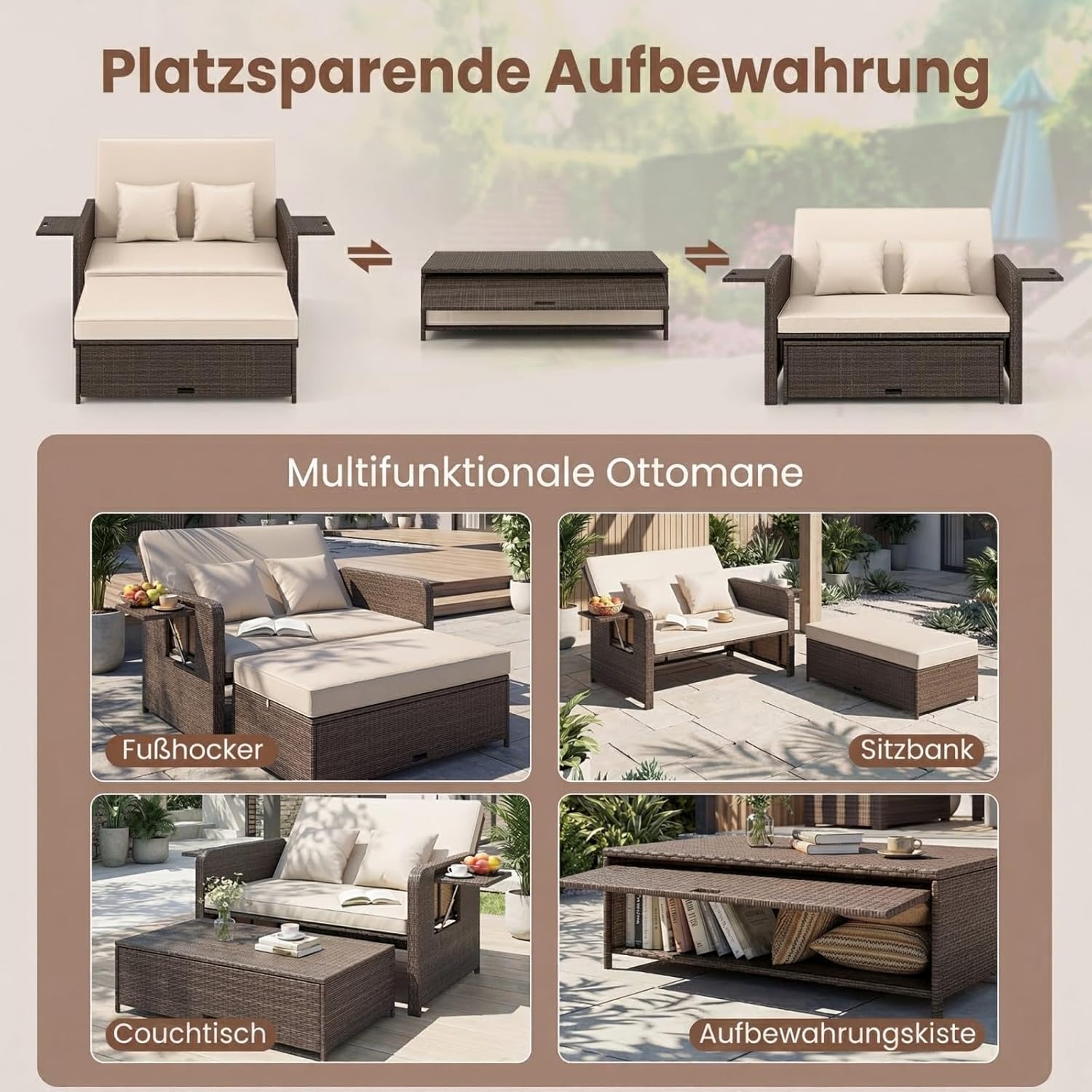 GIANTEX Lounge Möbel Outdoor, Rattan Gartenlounge Set mit Hocker, Gartensofa mit Liegefunktion, Balkon Lounge Set, Doppelliege Outdoor Sofa, Balkonmöbel Sonneninsel Loungebett mit stauraum | Drei in einem Design
