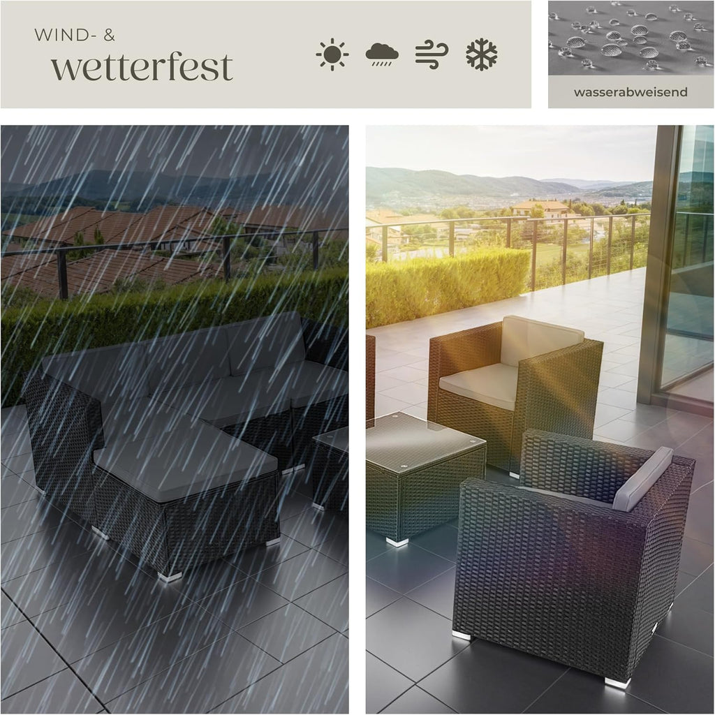tectake® Poly Rattan Lounge, Outdoor Sitzgruppe, Set mit Sofa, 2 Sesseln, Hocker, Tisch, frei kombinierbar, Gartenmöbel für 5-6 Personen, für Garten Terrasse Balkon, inkl. Polster - schwarz