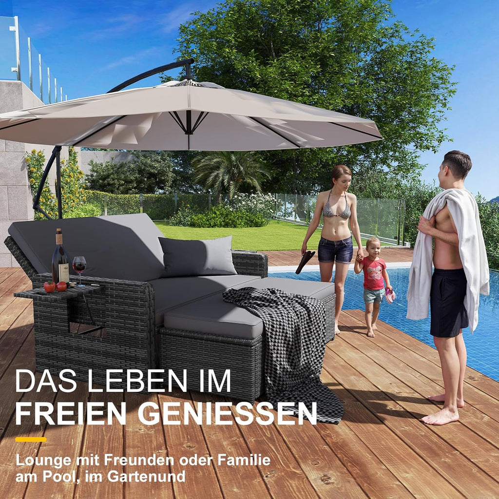 UDPATIO Rattan Lounge Möbel Outdoor, Lounge Balkonmöbel Gartensofa mit Hocker,Rattan Sofa mit Stauraum, Verstellbares 2 Sitzer Garten-Bett für Terrasse,Balkon,Garten,Grau-meliert & Dunkelgraue Bezüge