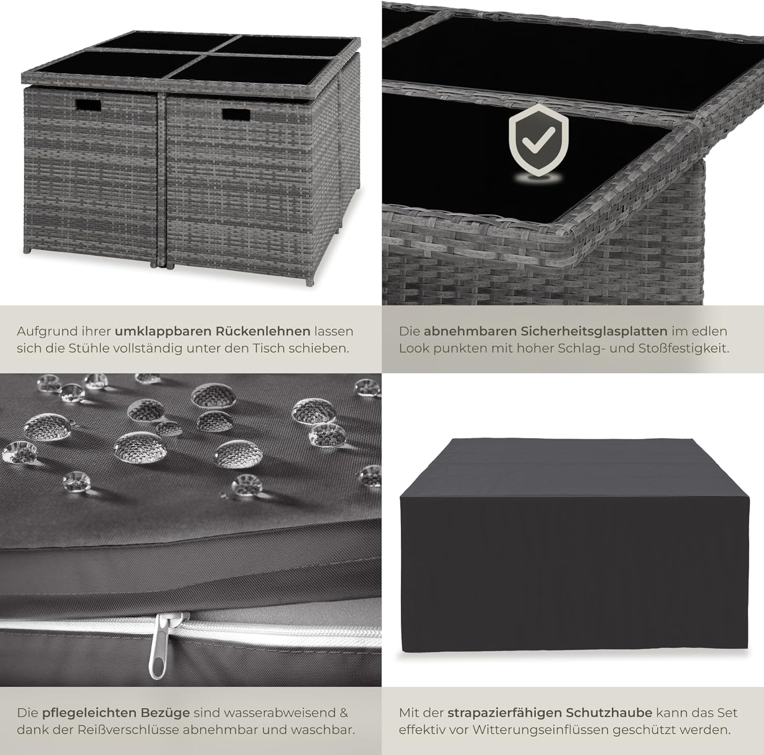 tectake® Rattan Lounge Möbel Set mit Aluminium Gestell, 4 Stühle, 4 Hocker, Tisch, platzsparende Aufbewahrung, Outdoor Rattan Gartenmöbel für Garten Terrasse, mit Abdeckung und 2 Bezugssets - grau