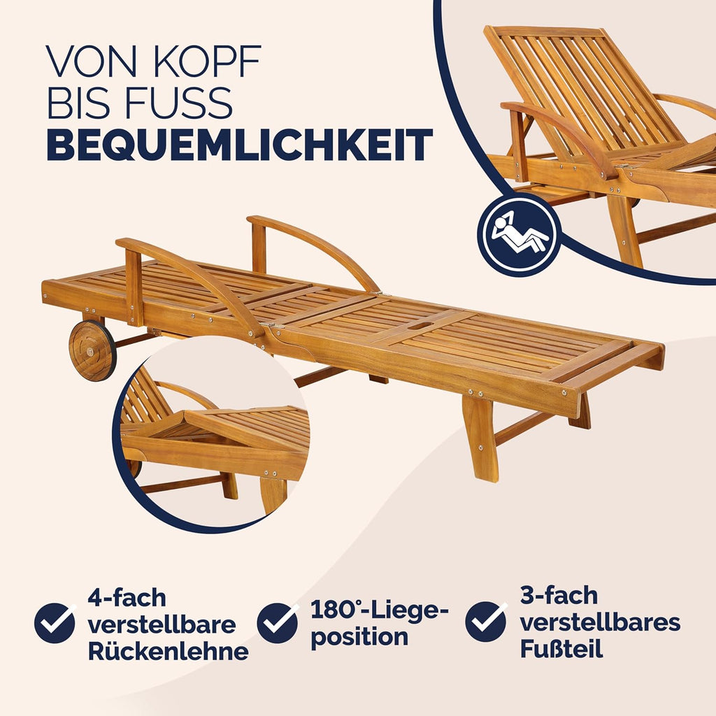Casaria® Sonnenliege 2er Set Klappbar Wetterfest 2 Personen Holz Gartenliege mit 2 Räder Ablage Tisch Liegestuhl Verstellbare Rücken- Fußlehne Garten 196cm