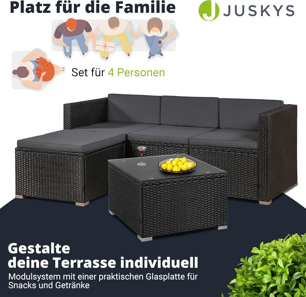 Juskys Polyrattan Lounge Punta Cana M für 3-4 Personen mit 3er Sofa, Sessel, Tisch & Kissen, Sitzgruppe für Garten, Terrasse und Balkon, Gartenmöbel Set wetterfest - schwarz/grau