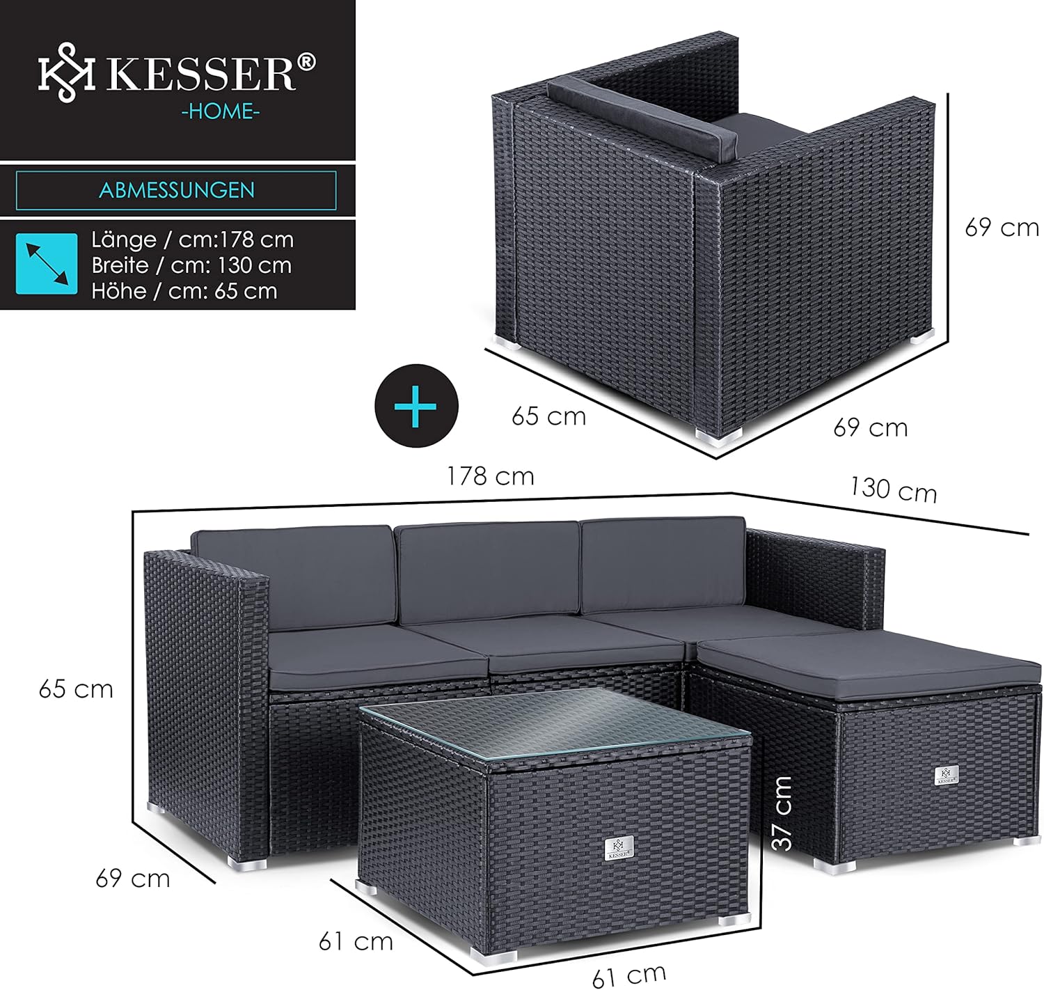 KESSER® Polyrattan Lounge Aruba - Gartenlounge für 4-5 Personen Gartenmöbel-Set Sitzgruppe aus 3er Gartensofa, Sessel, Hocker Beistelltisch mit Sitzkissen für Garten, Terrasse und Balkon, Anthrazit