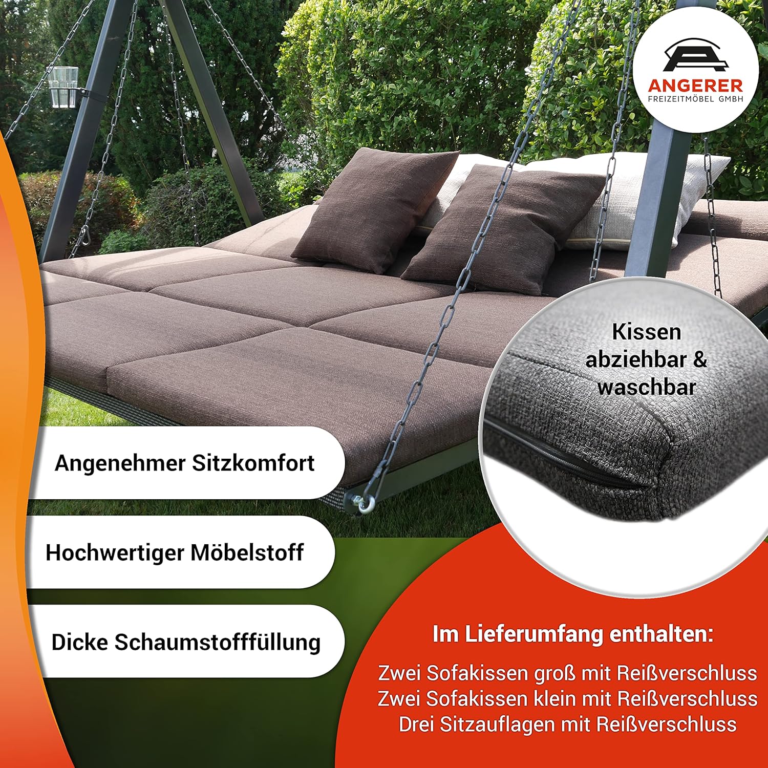 ANGERER Hollywoodschaukel Lounge Smart – Schaukel zum Sitzen, Liegen & Entspannen, inkl. Bett-Funktion, einfache Montage, Made in Germany, hochwertiger Stoff, Grau