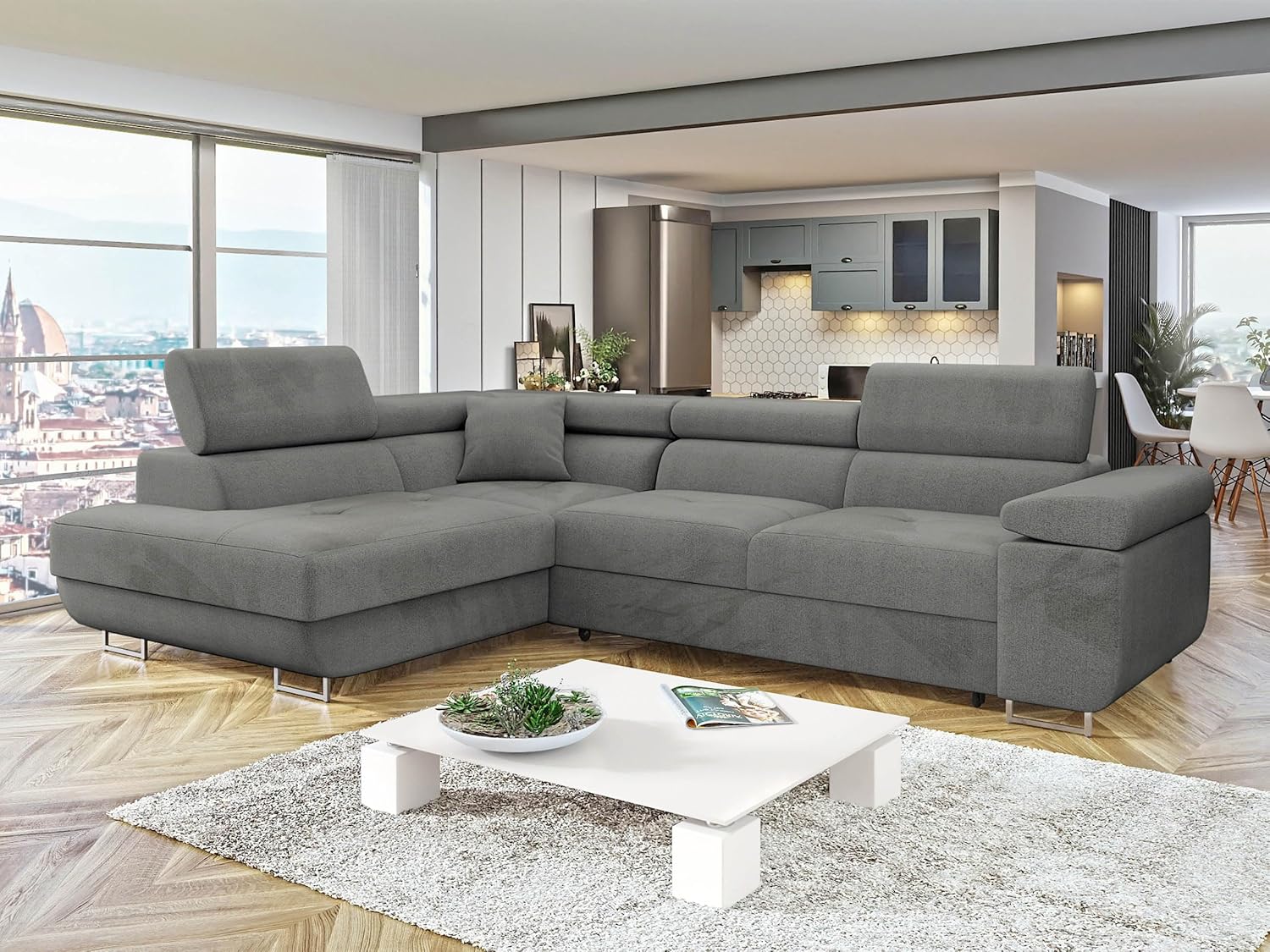 Mirjan24 Torezio Corner Sofa with Bed Box, Adjustable Headrests, Sofa with Sleep Function, Corner Couch for Living Room, Upholstered Corner, L-Shape Couch with Bed Function (Manila 16, Side: Left)